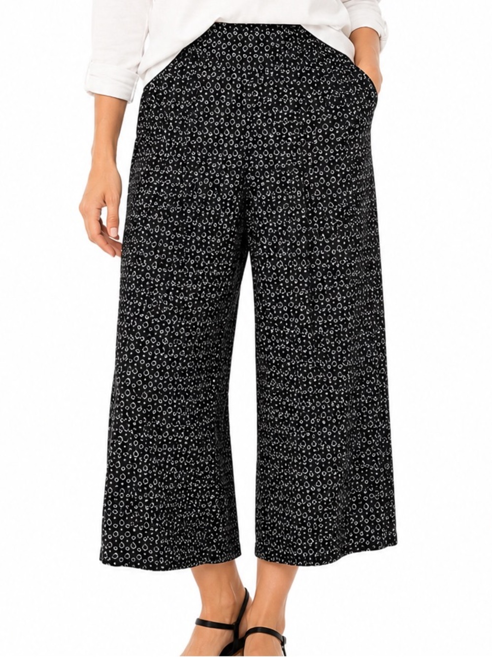 J. Jill Wearever Collection Pleated Cropped Wide Leg Pants Black White Print S